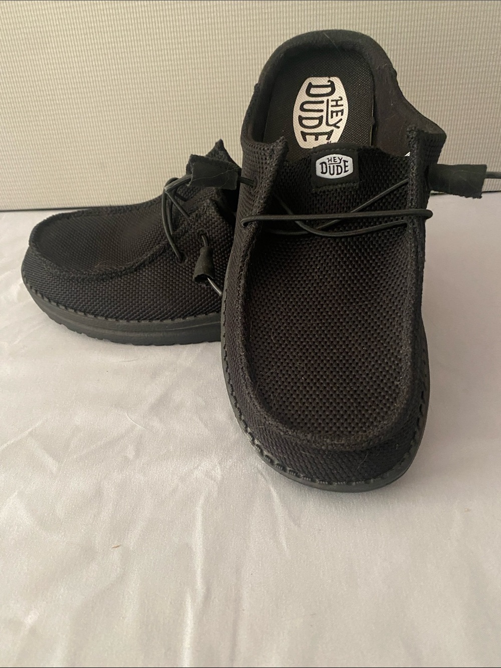 New Hey Dude Black Knit Slip-On Loafers with Toggle Lacing - Picture 3 of 4